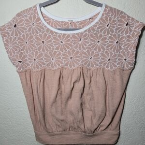 Free People Blush Pink Floral Lace Boho Top - Cap Sleeve Bubble Waist